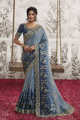 Stone blue silk heavy thread embroidred with sequince work saree with blouse 1