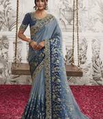 Stone blue silk heavy thread embroidred with sequince work saree with blouse