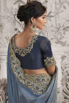 Stone blue silk heavy thread embroidred with sequince work saree with blouse 3