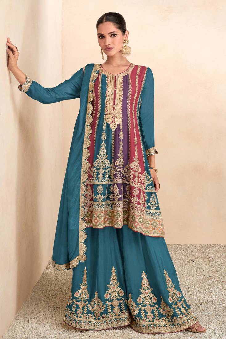 Multicolor real chinon thread embroidery with sequince work salwar kameez -  Lilots - 4272088