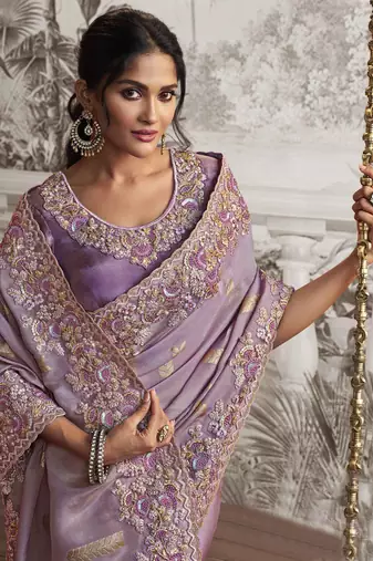 Lavender silk heavy thread embroidred with sequince work saree with blouse