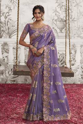 Light Purple Silk Heavy Thread Embroidred With Sequince Work Saree With Blouse 1