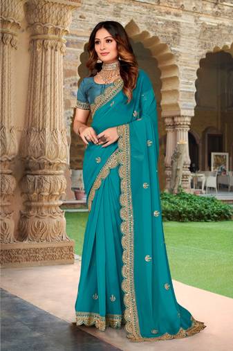 Rama Green Coding sequin Embroidery Georgette Saree