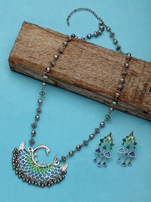 Green and Blue Oxidised Long Necklace Set 2