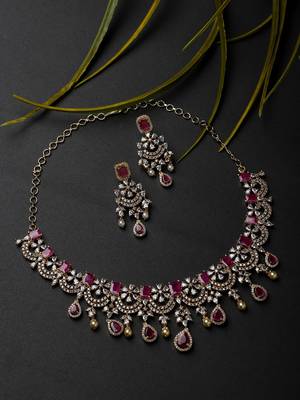 American Diamond Pink and Gold Necklace Set 2