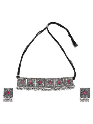 Pink Oxidised Choker Necklace Set 2