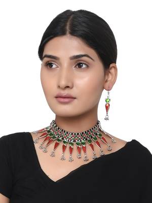 Green and Red Oxidised Meenakari Choker Necklace Set 1