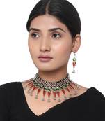 Green and Red Oxidised Meenakari Choker Necklace Set