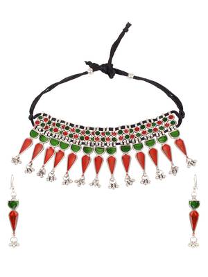 Green and Red Oxidised Meenakari Choker Necklace Set 2