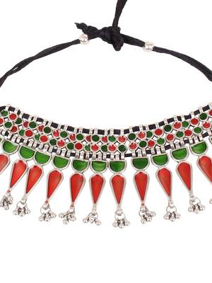 Green and Red Oxidised Meenakari Choker Necklace Set 4