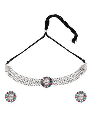 Green and Red Oxidised Choker Necklace Set 1