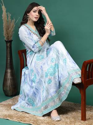 Women blue color printed anarkali kurta 1