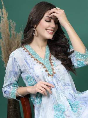 Women blue color printed anarkali kurta 3