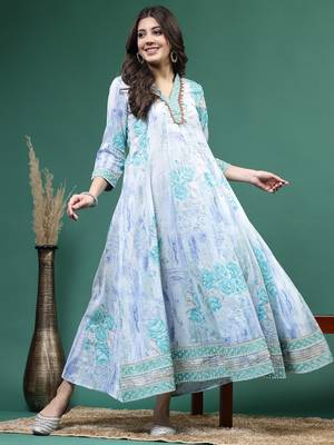 Women blue color printed anarkali kurta 5