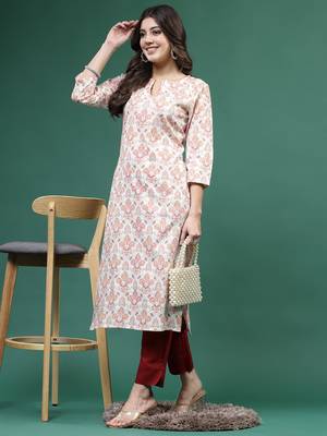 Women beige  color thread work printed kurta 1