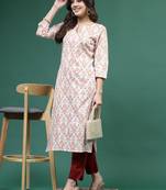 Women beige  color thread work printed kurta