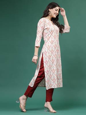 Women beige  color thread work printed kurta 2