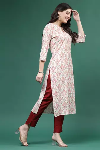 Women beige  color thread work printed kurta