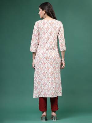 Women beige  color thread work printed kurta 3