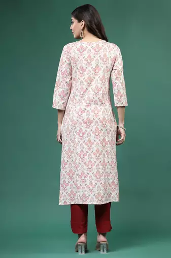 Women beige  color thread work printed kurta