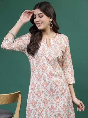 Women beige  color thread work printed kurta 4