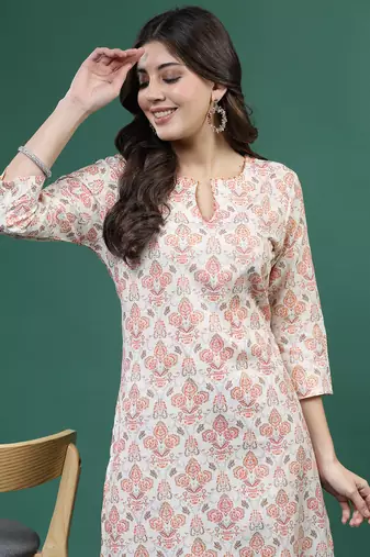 Women beige  color thread work printed kurta