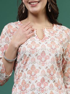 Women beige  color thread work printed kurta 5
