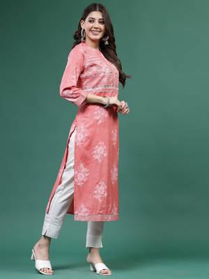 Women white  color thread work printed kurta 2