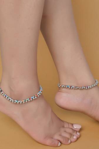 Silver ghungroo multibeads anklet