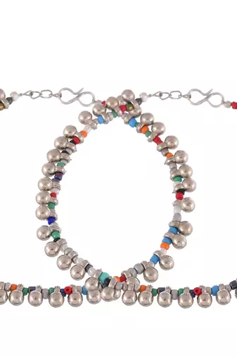 Silver ghungroo multibeads anklet