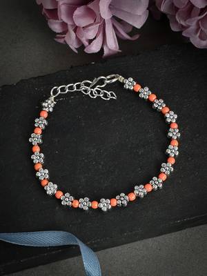 Orange beads silver flower anklet chain 1