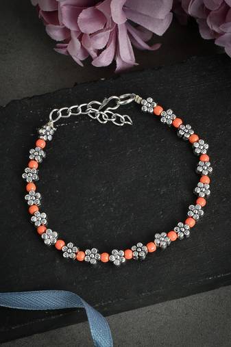 Orange beads silver flower anklet chain