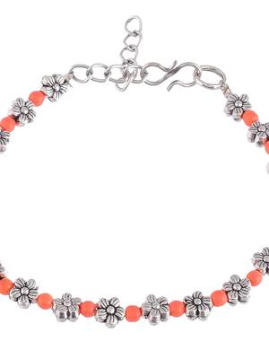 Orange beads silver flower anklet chain 3