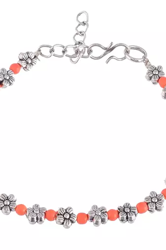 Orange beads silver flower anklet chain
