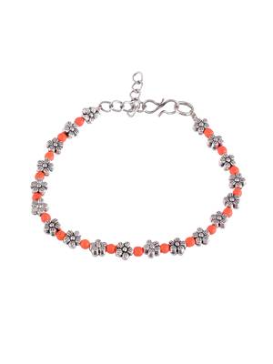 Orange beads silver flower anklet chain 4