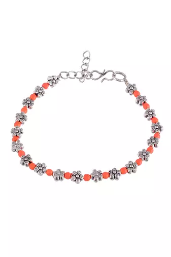 Orange beads silver flower anklet chain