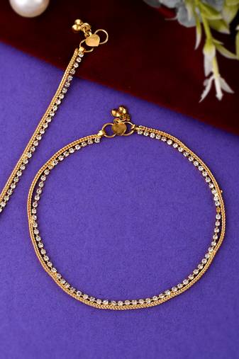 Gold plated white stone studded handcrafted chain anklet for women