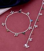 Silver-plated stone-studded with ghungroo charms anklets for women