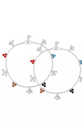 Silver-plated stone-studded with ghungroo charms anklets for women