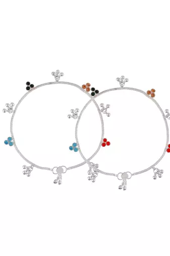 Silver-plated stone-studded with ghungroo charms anklets for women