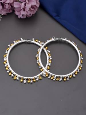 Silver and gold toned ghungroo kada anklet 1