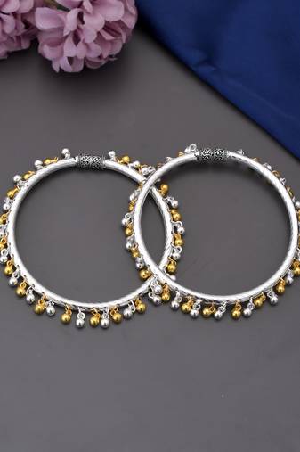 Silver and gold toned ghungroo kada anklet
