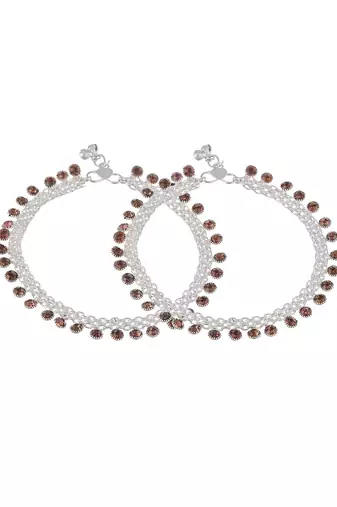 Set of 2 silver plated layered payal anklets for women