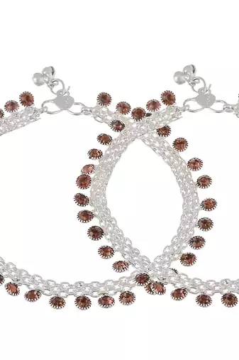Set of 2 silver plated layered payal anklets for women
