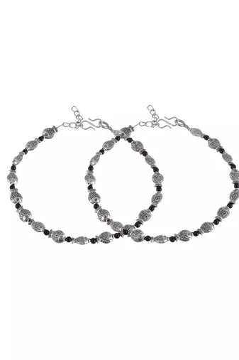 Black beads evil eye modern silver anklet