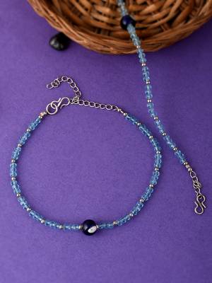 Silver toned blue beaded evil eye chain payal for women 1