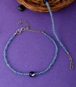 Silver toned blue beaded evil eye chain payal for women