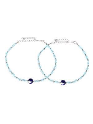 Silver toned blue beaded evil eye chain payal for women 2