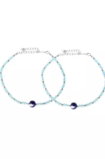 Silver toned blue beaded evil eye chain payal for women