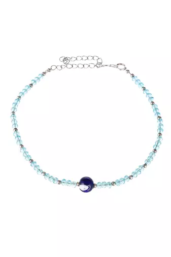 Silver toned blue beaded evil eye chain payal for women